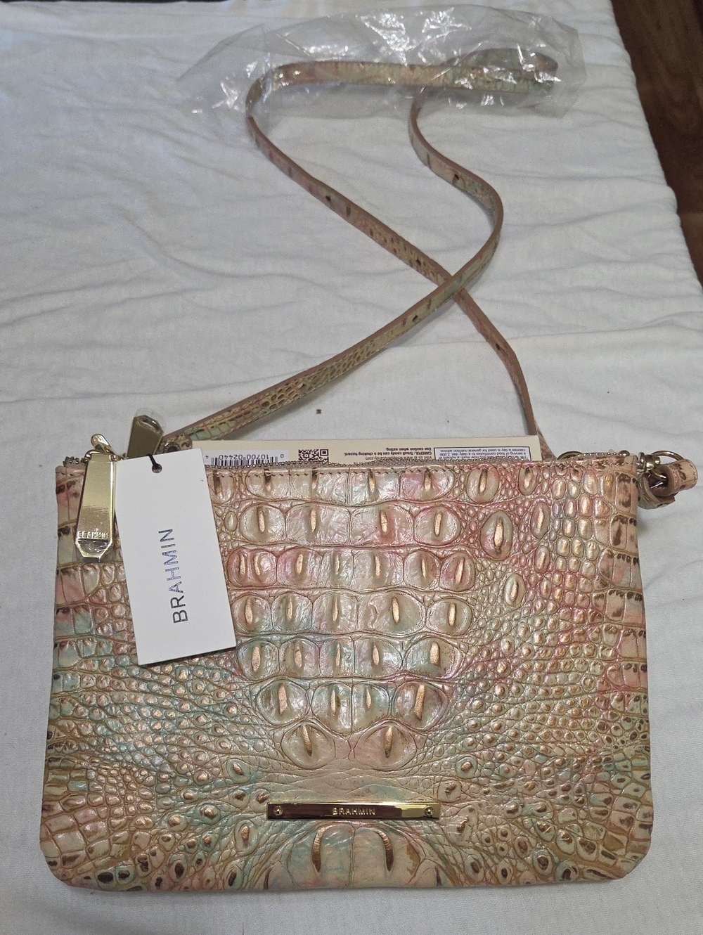 Brahmin BNWT Iridescent Croc-Embossed Crossbody Bag - Pink, Gold, Green